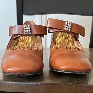 Gucci Brown Bonny Bow Crystal Chain leather Pumps Woman 37 w/ shoe bag - NO BOX
